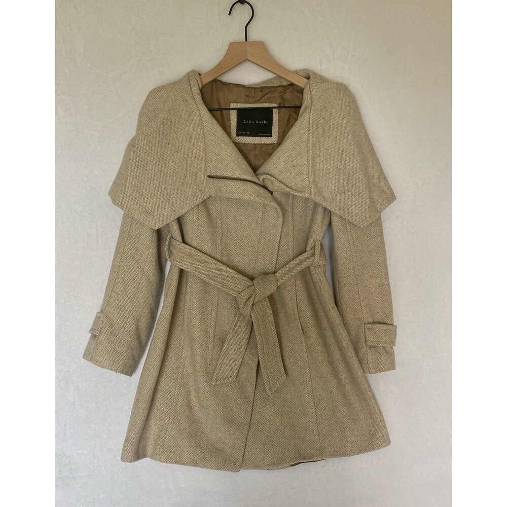 Zara Basic Beige Belted Wrap Coat Shawl Collar Long Sleeve Tie Waist Size S